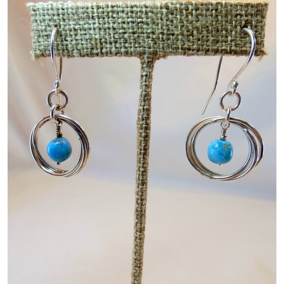 Sterling Silver Natural Turquoise Bead Hoop Earrings Minimalist Handmade - Picture 2 of 6
